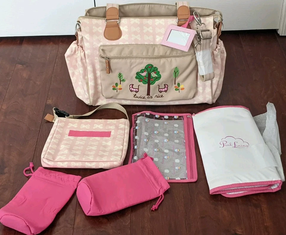 NWOT Pink Lining Brand Twins Bag Diaper Bag W/Accessories Cream Bows on Pink New - image 2 of 4