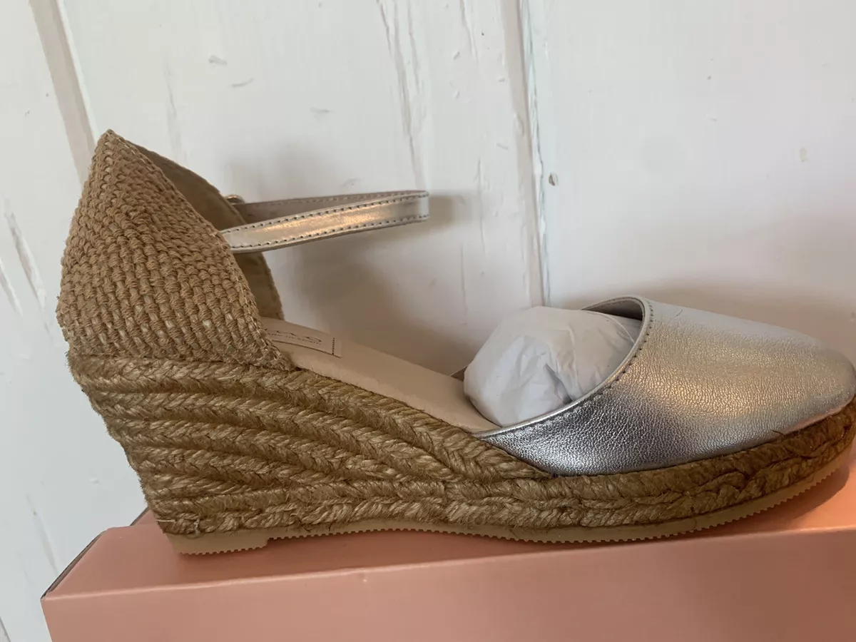 Gaimo Sz 38 8 Spain Espadrille Wedge Strap Silver Leather Shoes