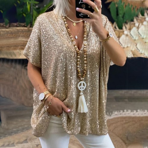 Short Sleeve Casual Sequins Pullover Blouse Ladies T Shirt Loose Summer Tops - Picture 22 of 29