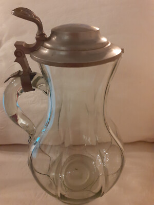 Antiker Schenkkrug Karaffee Kanne Glas Zinndeckel mundgeblasen Abriss Bierkrug