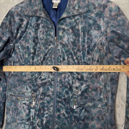 Chicos Jacket Womens Large Blue Gray Leather Coated Shimmer Animal Print Lined - Picture 9 of 12