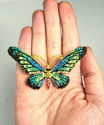 3" Blue Green Butterfly Brooch Badge Rhinestone Enamel Fashion Pin + Gift Box - Picture 3 of 9
