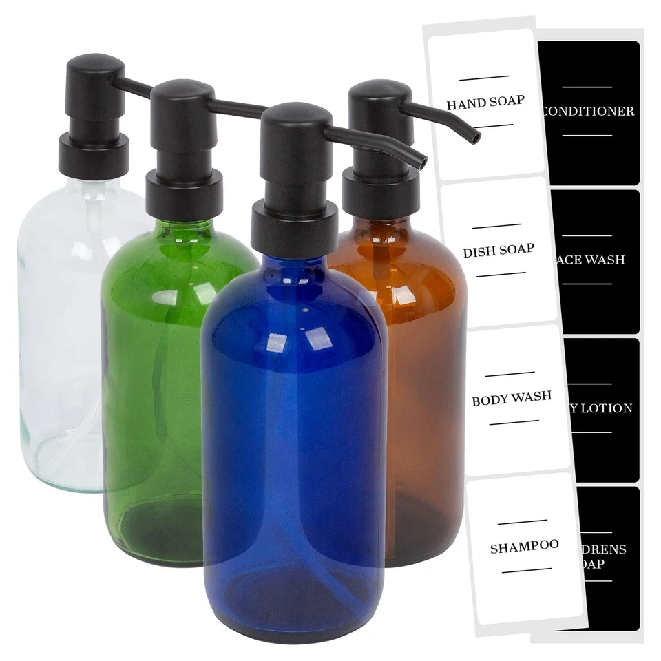 2x Distributeurs de Savon en Verre avec étiquettes 500ml Salle de Bain - Photo 1/1