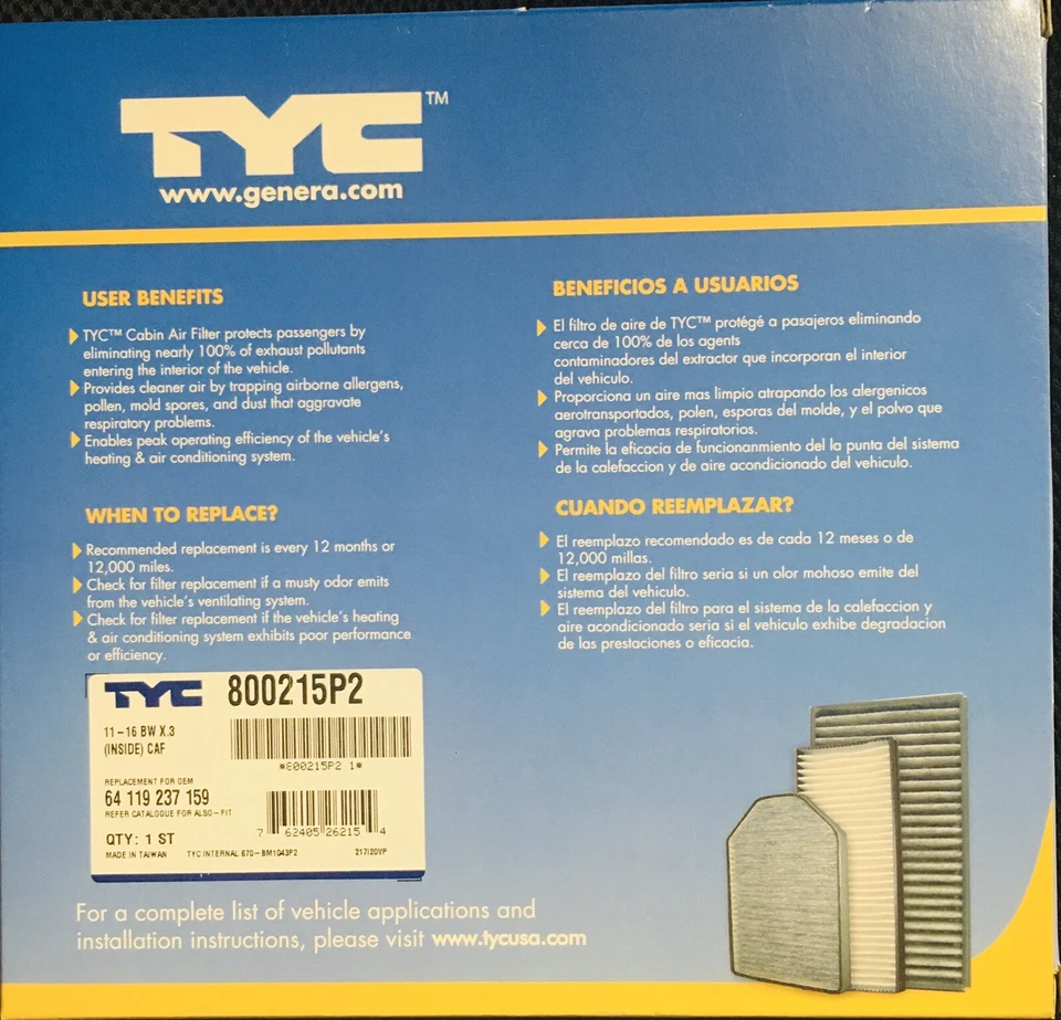 Filtro de aire de cabina-xDrive28i, deportivo utilitario TYC 800215P2 apto para BMW X3 2011-2016. Nuevo Foto 2 de 3