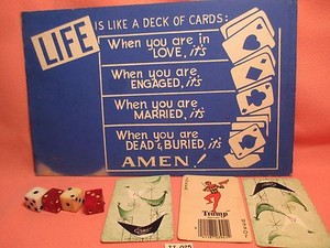 1950-039-s-4-Dice-amp-Sign-LIFE-IS-LIKE-A-DECK-OF-CARDS-amp-3-Vintage-Cards-034-WEIRD-034