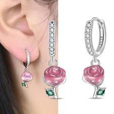 KUNSIR 925 Sterling Silver Rose Flower Dangle Earrings For Women Jewelry Gifts