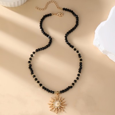 Boho Black Crystal Cluster Choker Elegant Golden Sunflower CZ Pendant Necklace