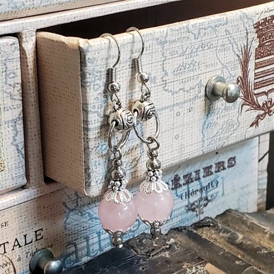 Pink Rose Quartz Lacy Trim Silver Carved Rose Handcrafted Earrings