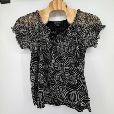 INC International Concepts Black White Swirl Print Ruffle Neck Tie Front Top 1X