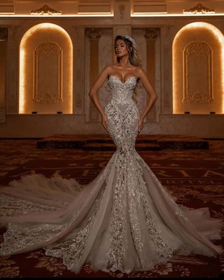 vintage lace wedding dress strapless Vintage Lace Strapless Mermaid Bridal Dress Sweetheart Neck Polka Dots Tulle Wedding Dress with Court Train AWD2042