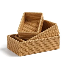 Rattan Storage Basket, 3 Pack Hand Woven Rectangular Fruit Baskets for Servin...