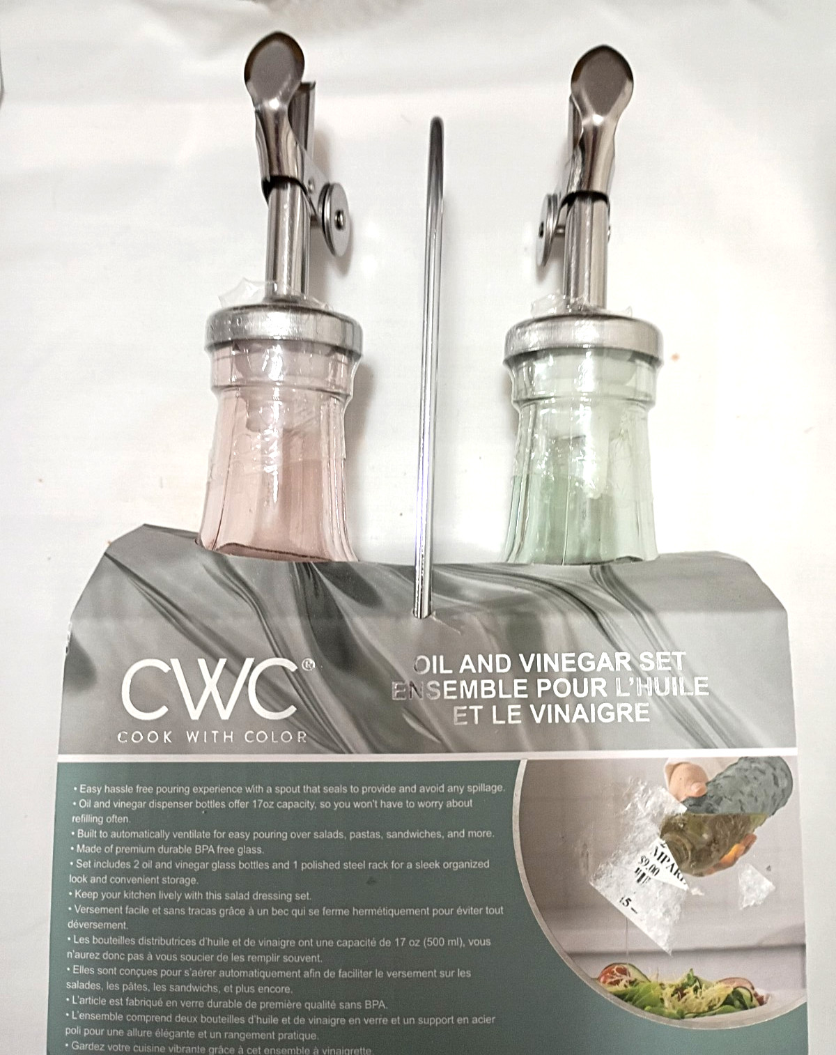 Cook With Color CWC Glass Gold Oil & Vinager Dispensers Pink & Green 17oz