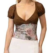 Urban Outfitters Kimchi Blue Y2K Mesh Babydoll Top L Brown Pink Fairy Grunge 