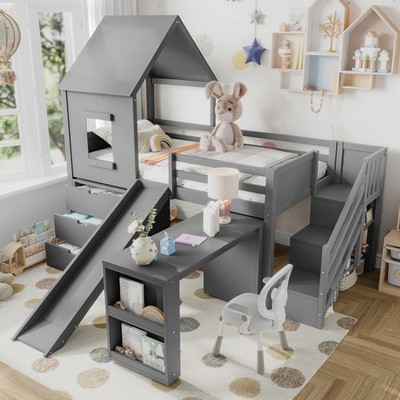 Twin Loft Bed w/Storage Cabinets & Removable Desk, Kids House Loft Bed w/Slide