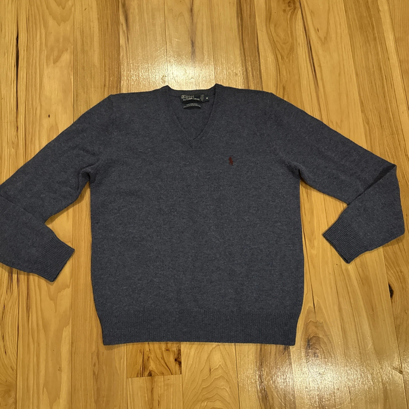 Polo Ralph Lauren Sweater V-Neck 100% Lambs Wool Pullover Blue Mens Medium READ