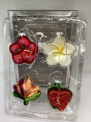 Set 4 Hand Blown Glass Red Hibiscus Flower Ornament Island Hawaiian Exotic