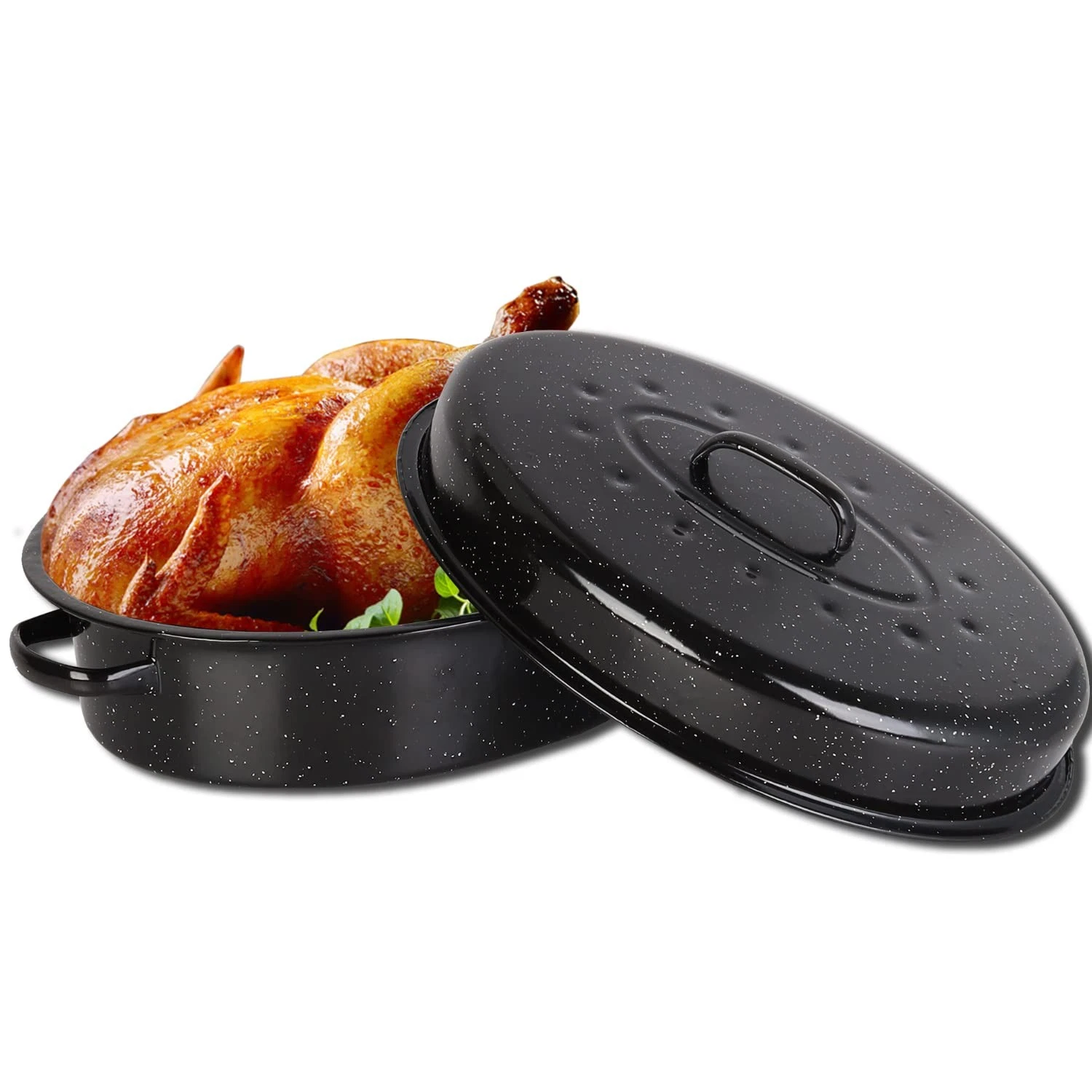 Letschef Roasting Pan 18.3 inch Roaster Set Enamel Oven inch, Black