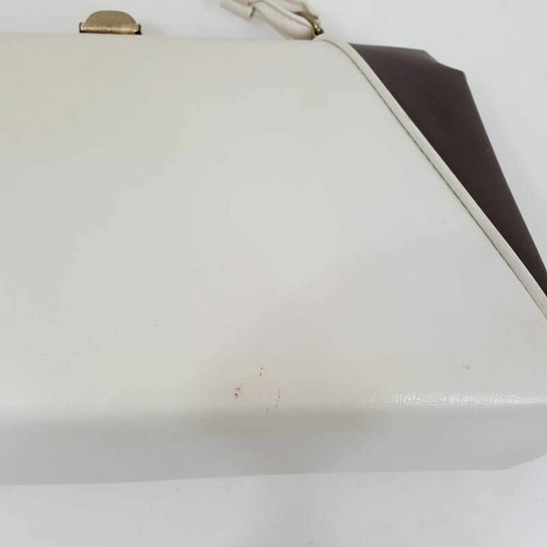 Vintage 1960s Shoulder Bag White Brown Color Block Clasp Top Handle Lined - Picture 7 of 10
