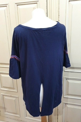 M & S COLLECTION UK 12 NAVY BLUE RED EMBROIDERED 3/4 SLEEVE TOP TIE BACK SMART - Picture 3 of 10