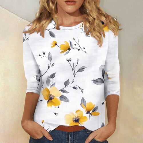 Women's Fashion Casual Three-quarter Sleeve Floral Print Neck Top - Picture 34 of 42