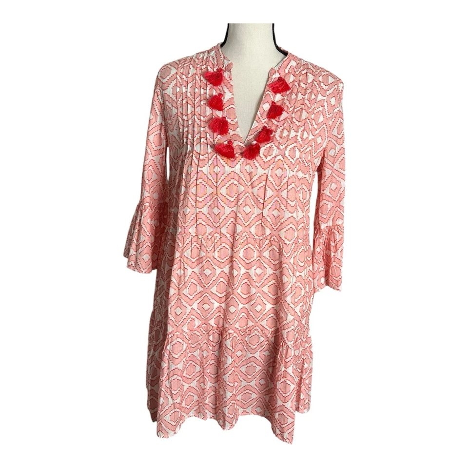 Vestido Tommy Bahama Diamante Clip Jacquard Manga Campana 3/4 Coral Borla X-Pequeño Foto 4 de 4