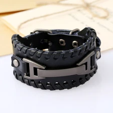 Men's Leather Wide Bracelet Cuff Buckle Punk Wristband Metal Black Brown