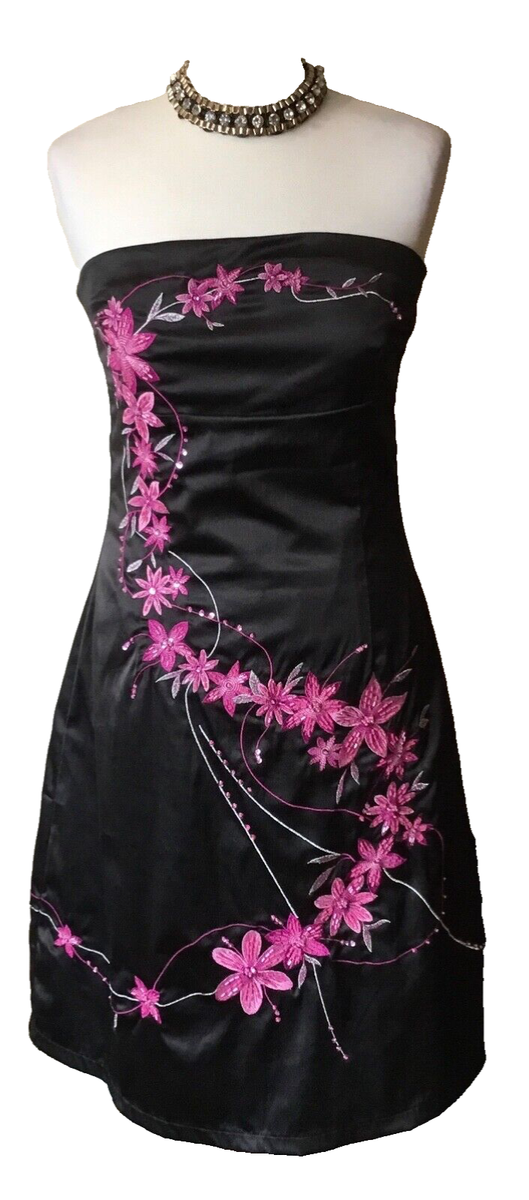 VINTAGE,Y2K,JANE NORMAN,BLACK SATIN,PINK FLORAL BEADED,STRAPLESS DRESS  SZ-12-14 | eBay