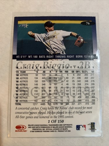 CRAIG BIGGIO 1997 DONRUSS SIGNATURE SERIES PLATINUM PRESS PROOF /150 HOFer #76 - Picture 2 of 2