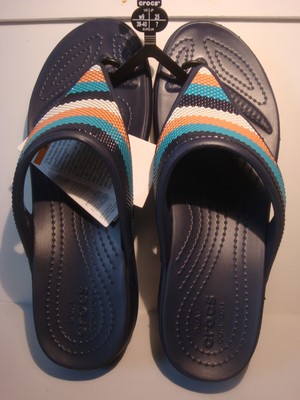 WOMEN'S CROCS NAVY/MULTI MONTEREY BEADED STRIPE WEDGE FLIP FLOP SIZE 9 NWT 191448588462 | eBay