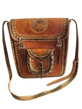Vintage Handcrafted Hand Tooled Brown Leather Medium Crossbody Western Boho Bag