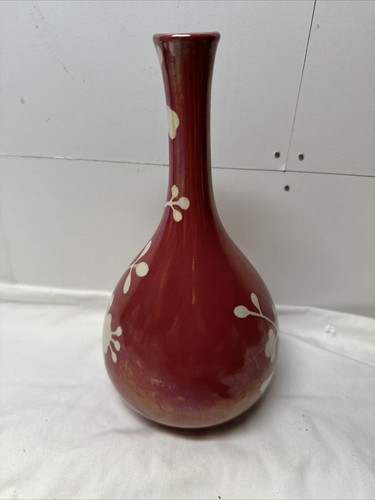 Dark Pink Bud Vase W/ White Floral Design Iridescent Luster Ceramic 9.5” Tall - Picture 4 of 9