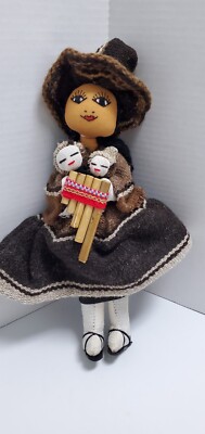 Peruvian Handcrafted Doll Carrying 2 Babies and Pan Flute Front & Baby on Back