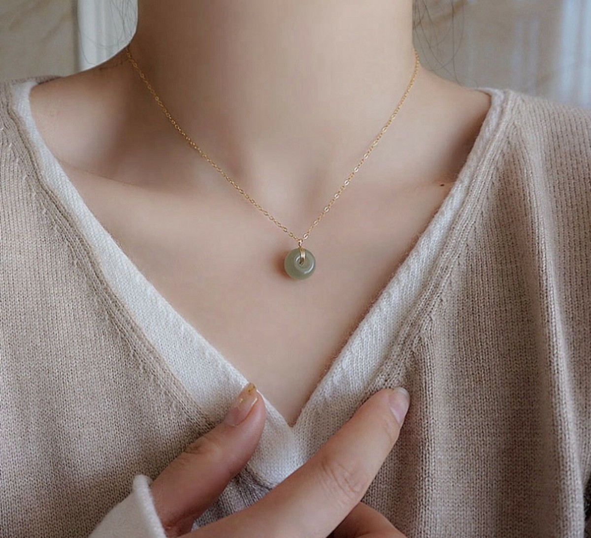 Women Fashion 925 Sterling Silver Lucky Green Jade Stone Button