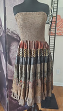 UNBRANDED Vintage Brown Mixed Media Smocked Tube 2 in 1 Skirt & Dress OS Italy