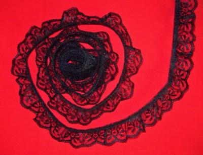 BLACK~1 1/4 Inch Wide Ruffled Candlewick Lace Trim~By 5 Yards