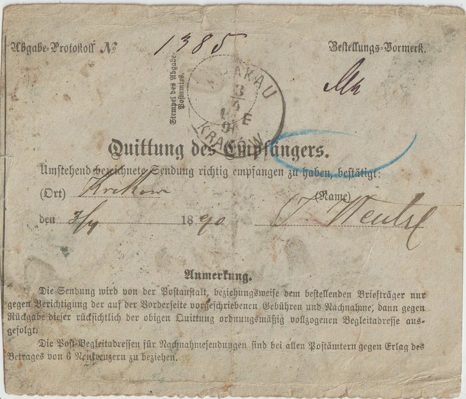 1890 年捷克斯洛伐克银行支票从马里恩巴德到克拉科夫波兰 — 第 2/2 张图片