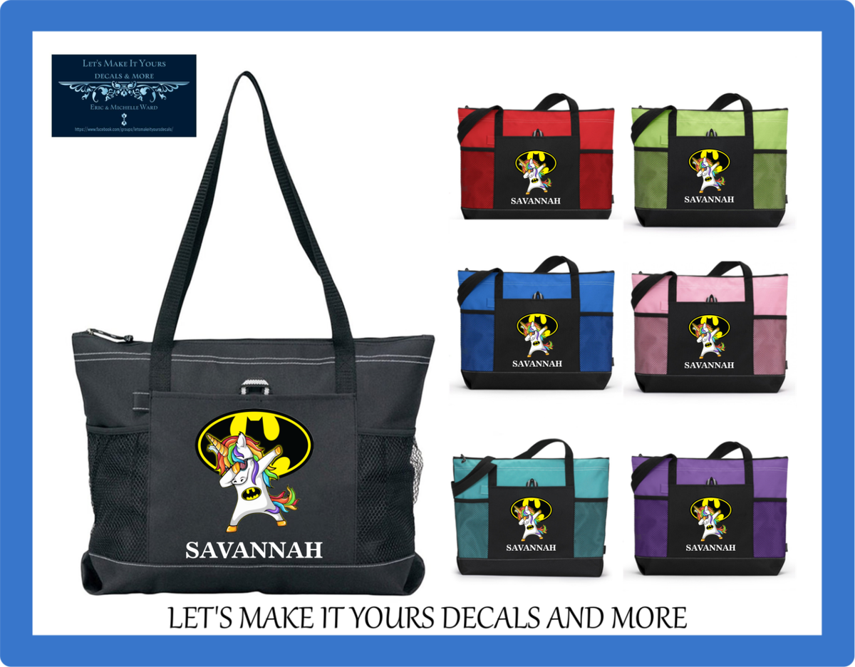 BATMAN UNICORN CUSTOM TOTE PERSONALIZED W/ NAME PURSE SPORTS DIAPER GYM BAG  ZIPS