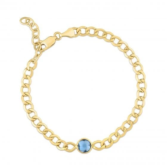 14k Solid Yellow Gold Blue Topaz Curb Link Chain Bracelet 7.25" 3.6mm 2.9 grams