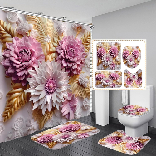 Chrainy 4Pcs 3D Floral Shower Curtain Sets Elegant Pink and White Blossom Flower - 第 12/12 張圖片