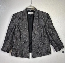 Kasper Womens Dress Jacket Sz 12 Black Silver Pattern lined 3/4 sleeve Church