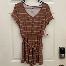 SO Scoop Neck Cap Sleeves Romper Brown & White Stripes Large NWT