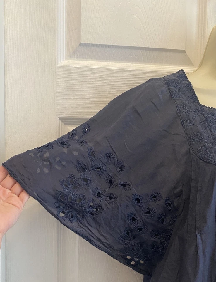 Hazel Blouse Womens Blue 3/4 Balloon Sleeve Silk Embroidered Boho Cottagecore S - Imagem 3 de 4