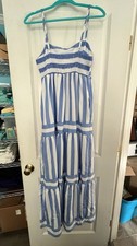 Women’s Blue White Stripe Tiered Maxi Dress Coastal Beach Boutique Boho
