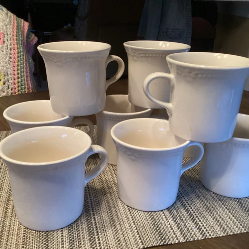 SET OF 8 Pfaltzgraff Filigree White Coffee Mugs Cups Embossed Scroll Dot