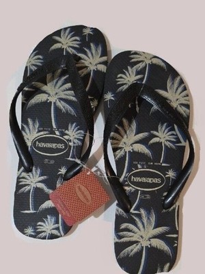 NWT $30 HAVAIANAS PALM GRAPHIC FLIP FLOP THONG SANDALS IN BLACK SIZE 11/12