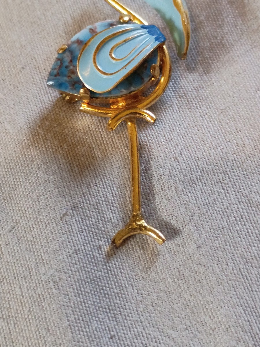 Beautiful Vintage Blue Art Glass Body Flamingo Brooch Made In Germany. View 3