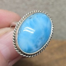 Vintage Sterling Silver Larimar Ring Gemstone Statement Jewelry Boho Ocean Blue