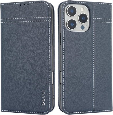 iPhone 16 Pro GEBEi Echt Leder Flip Case Lederhülle Handyhülle Tasche Blau