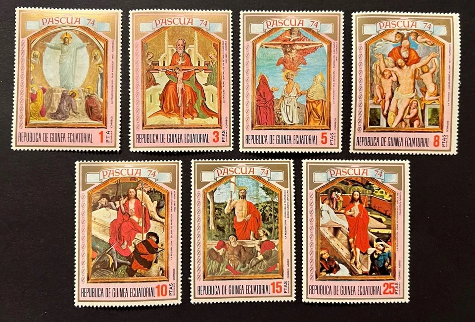 Sellos de viaje: estampillas de Guinea Ecuatorial de 1974 Scott #521-527 - Pascua como nuevas MNH OG Foto 2 de 4