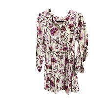 LOFT Floral Button Front Mini Dress XS Purple Ivory Long Sleeve Tiered Boho